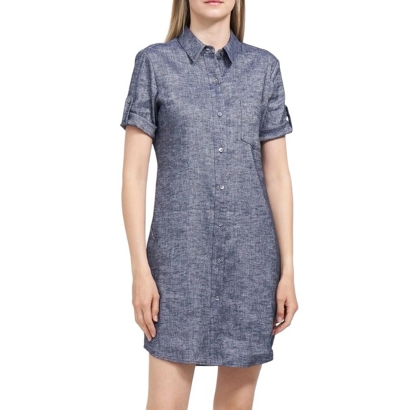 Theory Mayvine Tierra Wash Linen Chambray Dress In Deep Denim Blue Size 2 - Picture 1 of 6